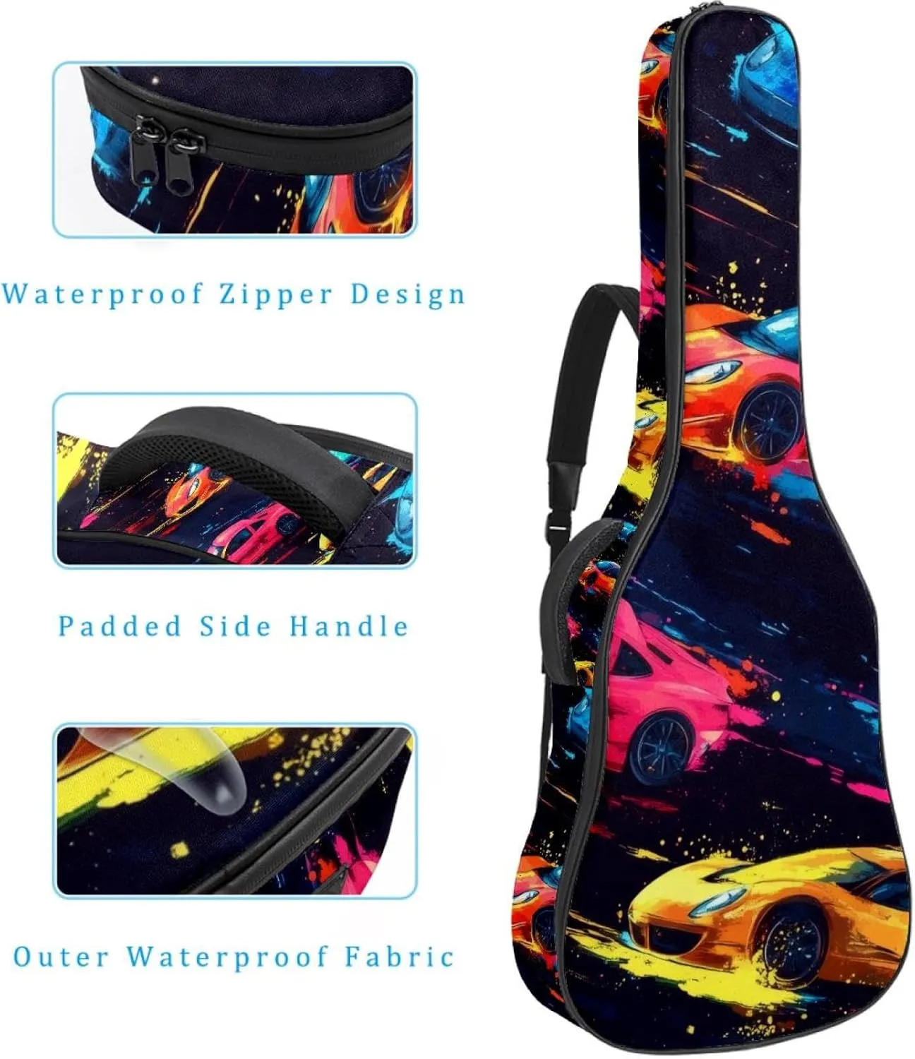 Abstract Seamless Pattern with Speed Race Acoustic Guitar Gig Bag, 1 cm Thick Padding Waterproof Guitar Case Backpack with Dual Adjustable Shoulder Strap for 40-42 Inch Guitar
