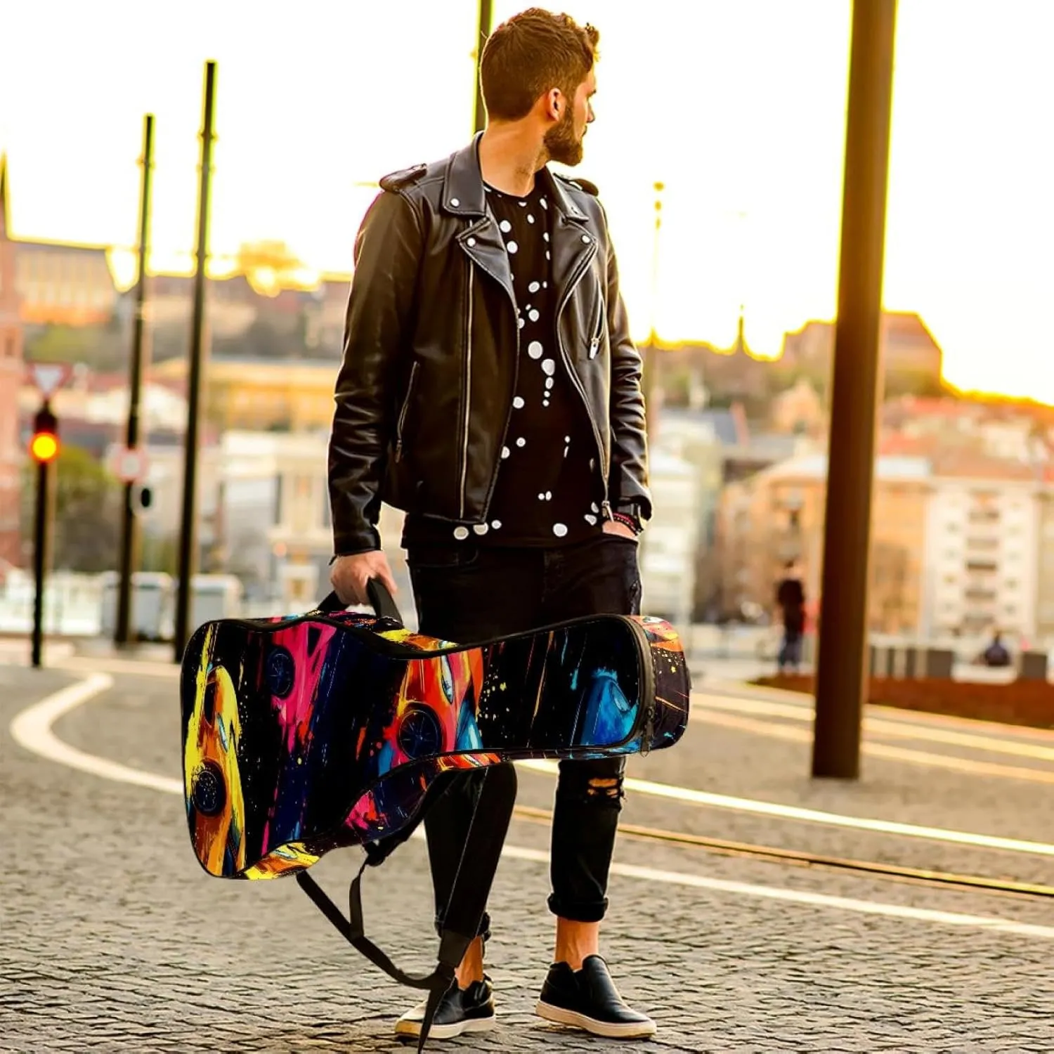 Abstract Seamless Pattern with Speed Race Acoustic Guitar Gig Bag, 1 cm Thick Padding Waterproof Guitar Case Backpack with Dual Adjustable Shoulder Strap for 40-42 Inch Guitar