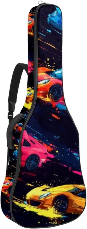 Abstract Seamless Pattern with Speed Race Acoustic Guitar Gig Bag, 1 cm Thick Padding Waterproof Guitar Case Backpack with Dual Adjustable Shoulder Strap for 40-42 Inch Guitar