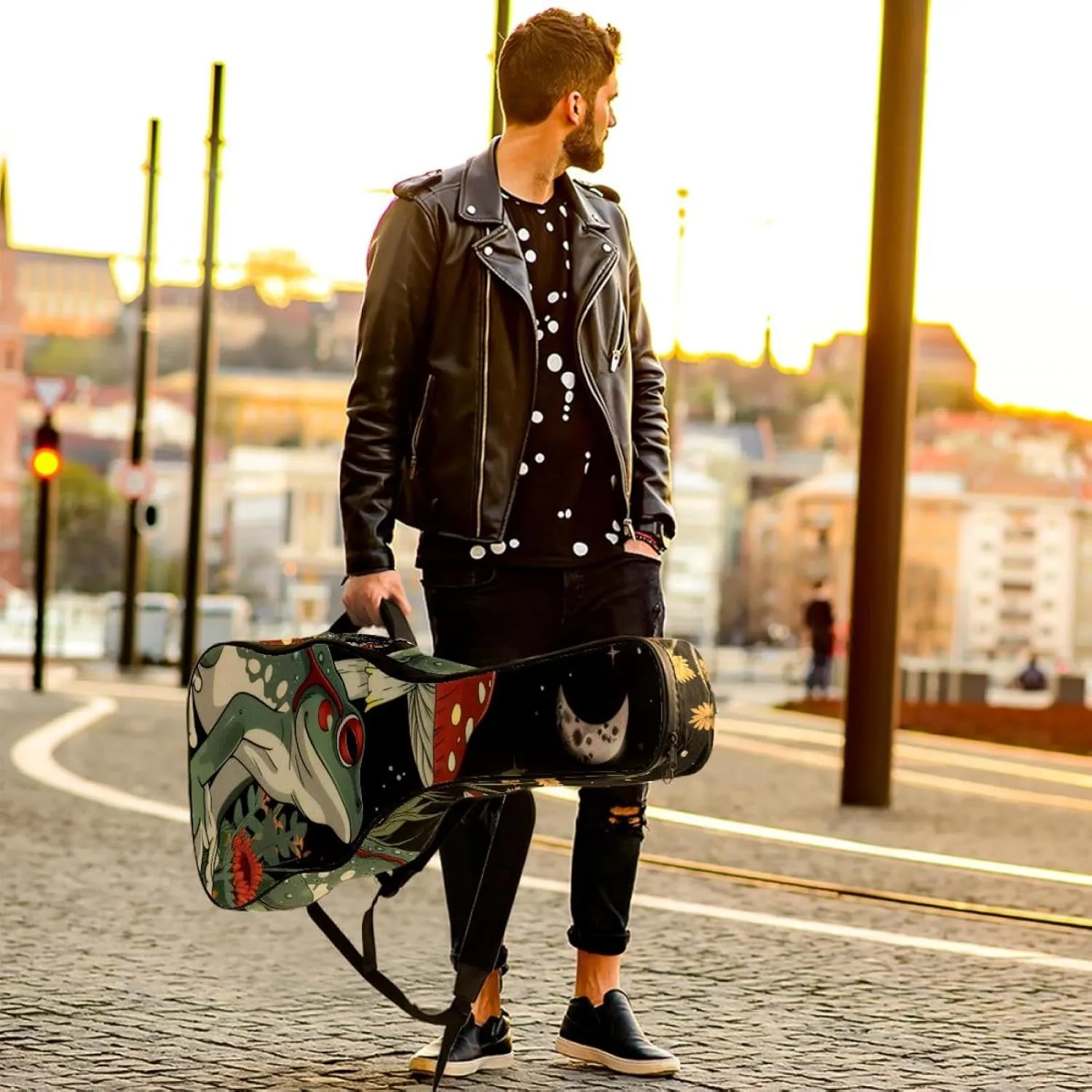 Acoustic Guitar Bag 1 cm Thick Padding, Waterproof Oxford Cloth Guitar Bag Backpack for 40-42 Inch Electric Bass Classical Guitars, Frog Retro Mushroom Wildflower Moon Stars Pattern
