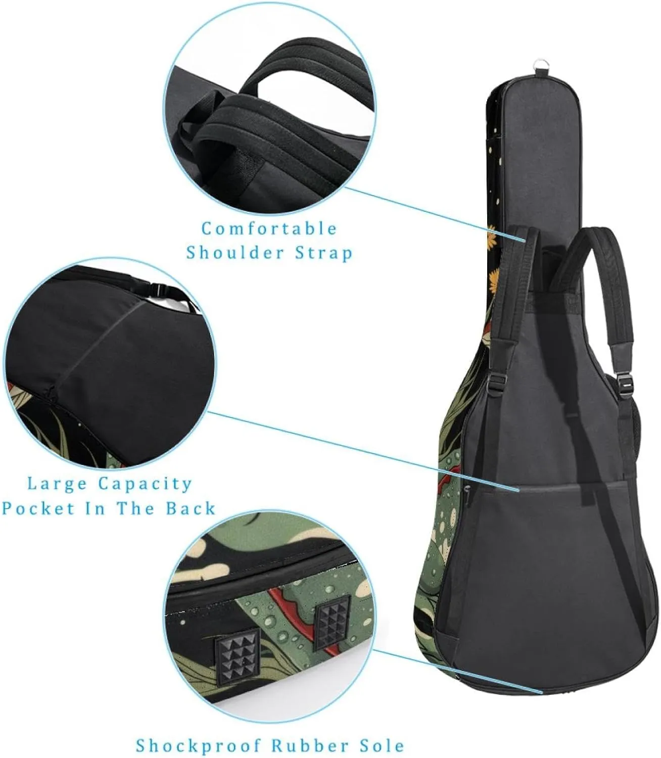 Acoustic Guitar Bag 1 cm Thick Padding, Waterproof Oxford Cloth Guitar Bag Backpack for 40-42 Inch Electric Bass Classical Guitars, Frog Retro Mushroom Wildflower Moon Stars Pattern