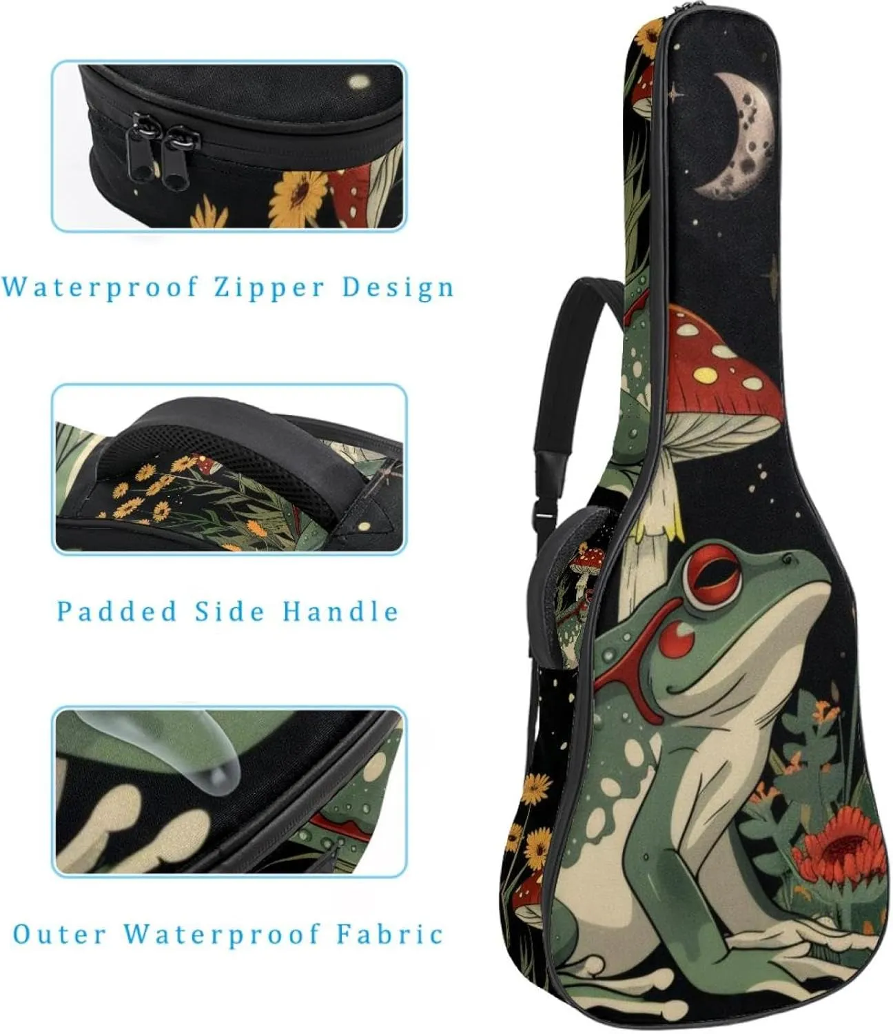 Acoustic Guitar Bag 1 cm Thick Padding, Waterproof Oxford Cloth Guitar Bag Backpack for 40-42 Inch Electric Bass Classical Guitars, Frog Retro Mushroom Wildflower Moon Stars Pattern