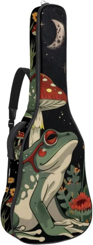 Acoustic Guitar Bag 1 cm Thick Padding, Waterproof Oxford Cloth Guitar Bag Backpack for 40-42 Inch Electric Bass Classical Guitars, Frog Retro Mushroom Wildflower Moon Stars Pattern