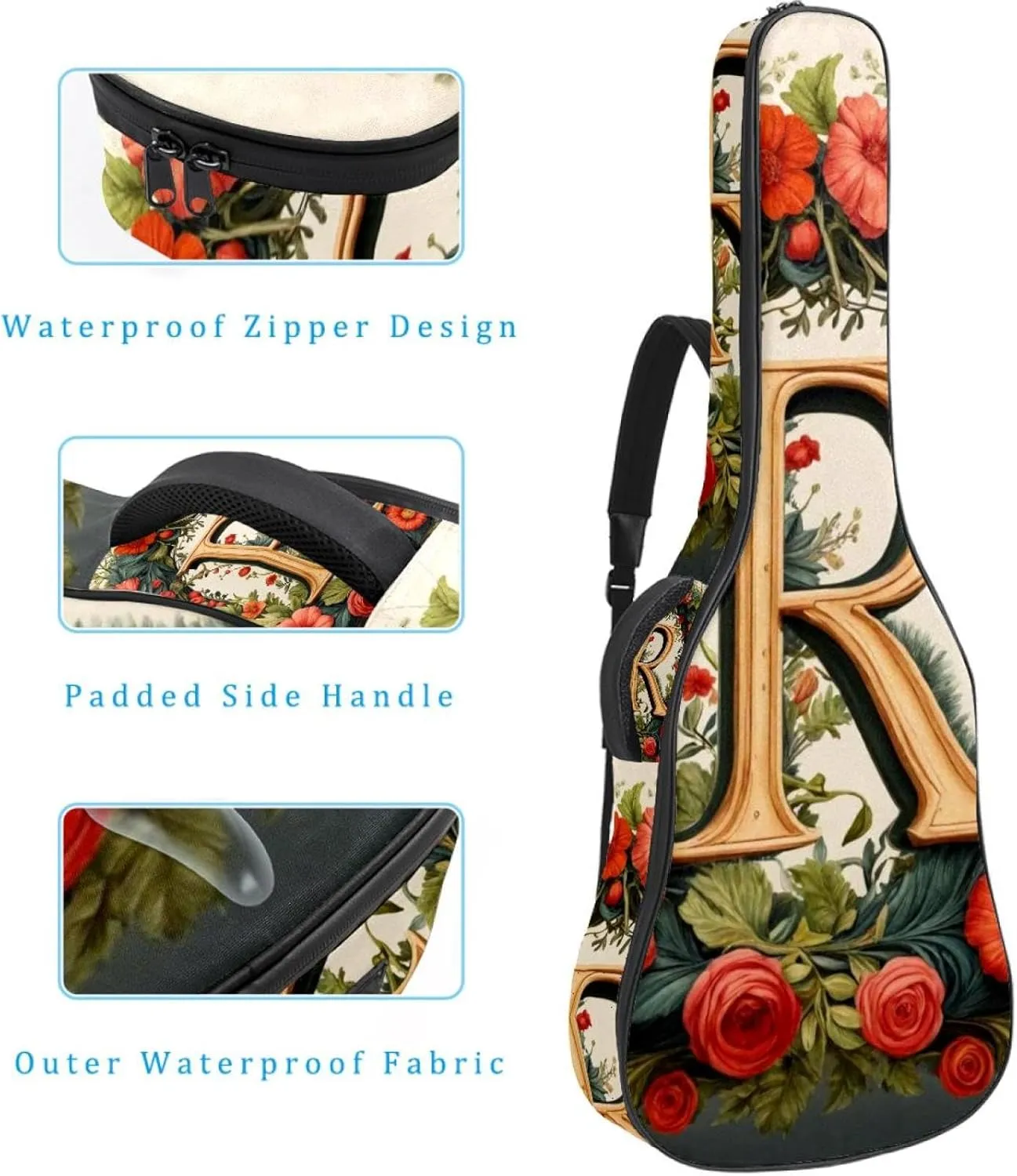 Acoustic Guitar Bag 1 cm Thick Padding, Waterproof Oxford Cloth Guitar Bag Backpack for 40-42 Inch Electric Bass Classical Guitars, Letter R Surrounded by Wreath Flowers Pattern