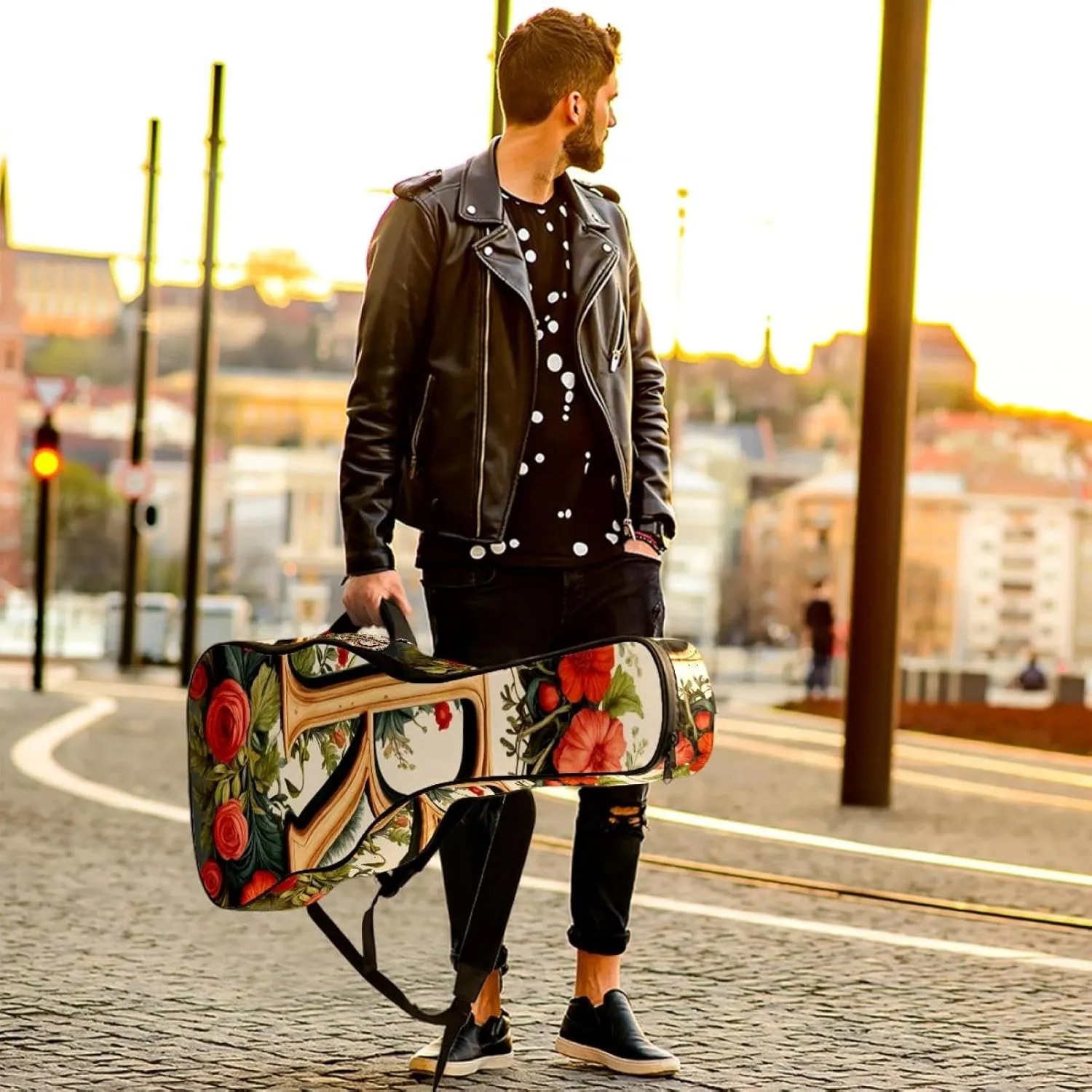 Acoustic Guitar Bag 1 cm Thick Padding, Waterproof Oxford Cloth Guitar Bag Backpack for 40-42 Inch Electric Bass Classical Guitars, Letter R Surrounded by Wreath Flowers Pattern