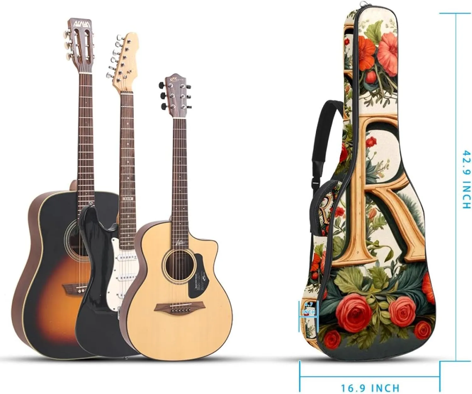 Acoustic Guitar Bag 1 cm Thick Padding, Waterproof Oxford Cloth Guitar Bag Backpack for 40-42 Inch Electric Bass Classical Guitars, Letter R Surrounded by Wreath Flowers Pattern