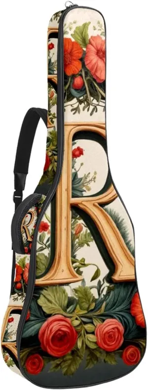 Acoustic Guitar Bag 1 cm Thick Padding, Waterproof Oxford Cloth Guitar Bag Backpack for 40-42 Inch Electric Bass Classical Guitars, Letter R Surrounded by Wreath Flowers Pattern
