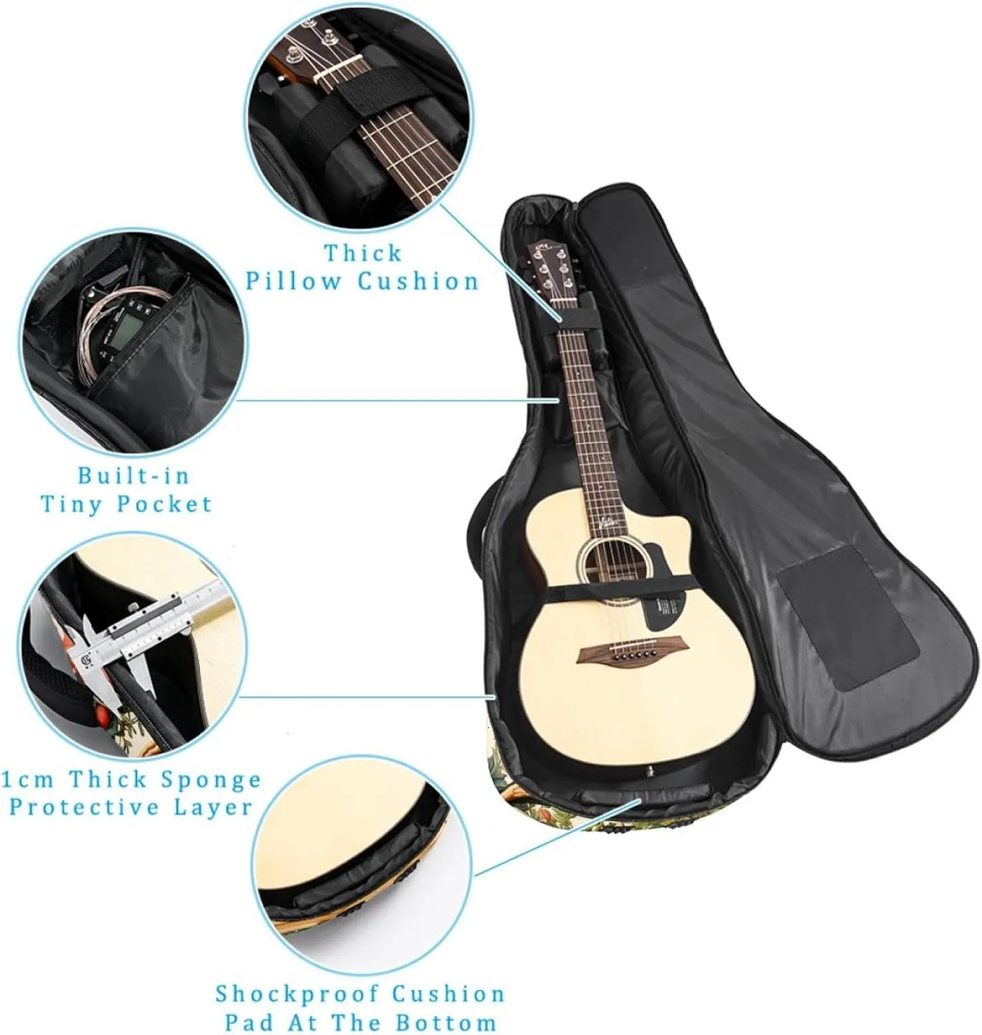 Acoustic Guitar Bag 1 cm Thick Padding, Waterproof Oxford Cloth Guitar Bag Backpack for 40-42 Inch Electric Bass Classical Guitars, Letter R Surrounded by Wreath Flowers Pattern
