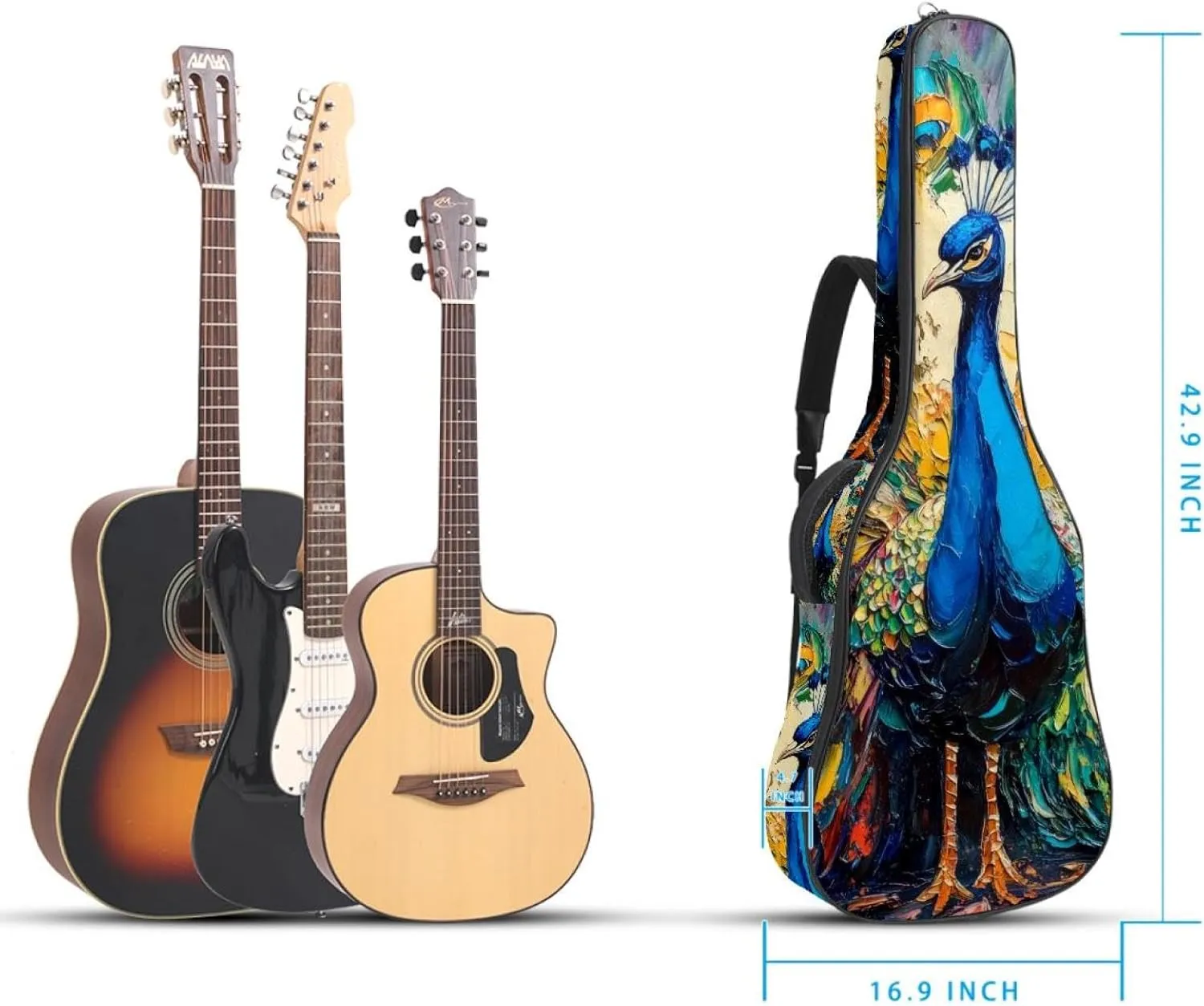 Acoustic Guitar Bag 1 cm Thick Padding, Waterproof Oxford Cloth Guitar Bag Backpack for 40-42 Inch Electric Bass Classical Guitars, Peacock Aesthetic Pattern