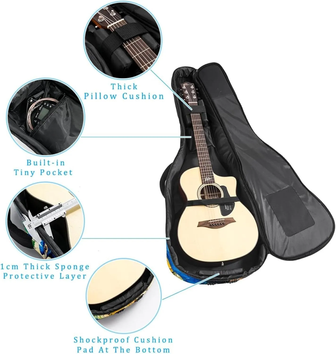 Acoustic Guitar Bag 1 cm Thick Padding, Waterproof Oxford Cloth Guitar Bag Backpack for 40-42 Inch Electric Bass Classical Guitars, Peacock Aesthetic Pattern