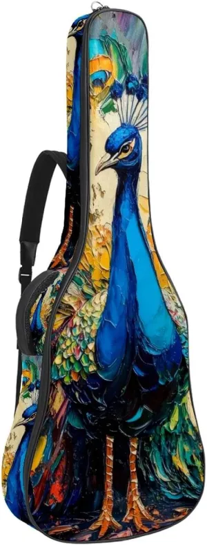 Acoustic Guitar Bag 1 cm Thick Padding, Waterproof Oxford Cloth Guitar Bag Backpack for 40-42 Inch Electric Bass Classical Guitars, Peacock Aesthetic Pattern
