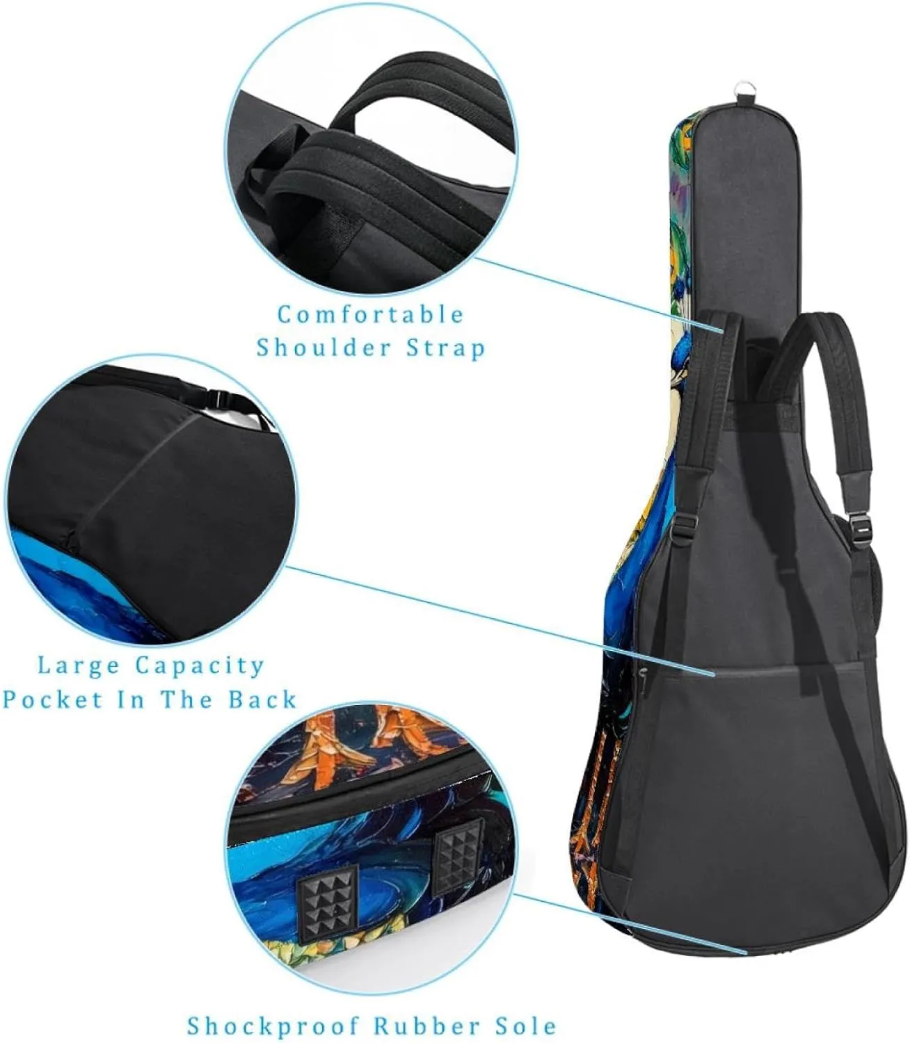 Acoustic Guitar Bag 1 cm Thick Padding, Waterproof Oxford Cloth Guitar Bag Backpack for 40-42 Inch Electric Bass Classical Guitars, Peacock Aesthetic Pattern