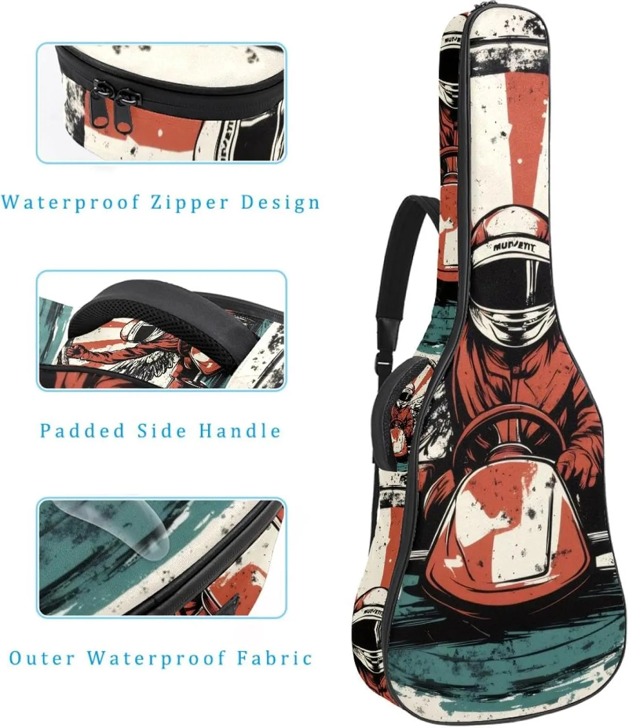 Acoustic Guitar Bag 1 cm Thick Padding, Waterproof Oxford Cloth Guitar Bag Backpack for 40-42 Inch Electric Bass Classical Guitars, Racer in a Victory Pose with Checkered Flag