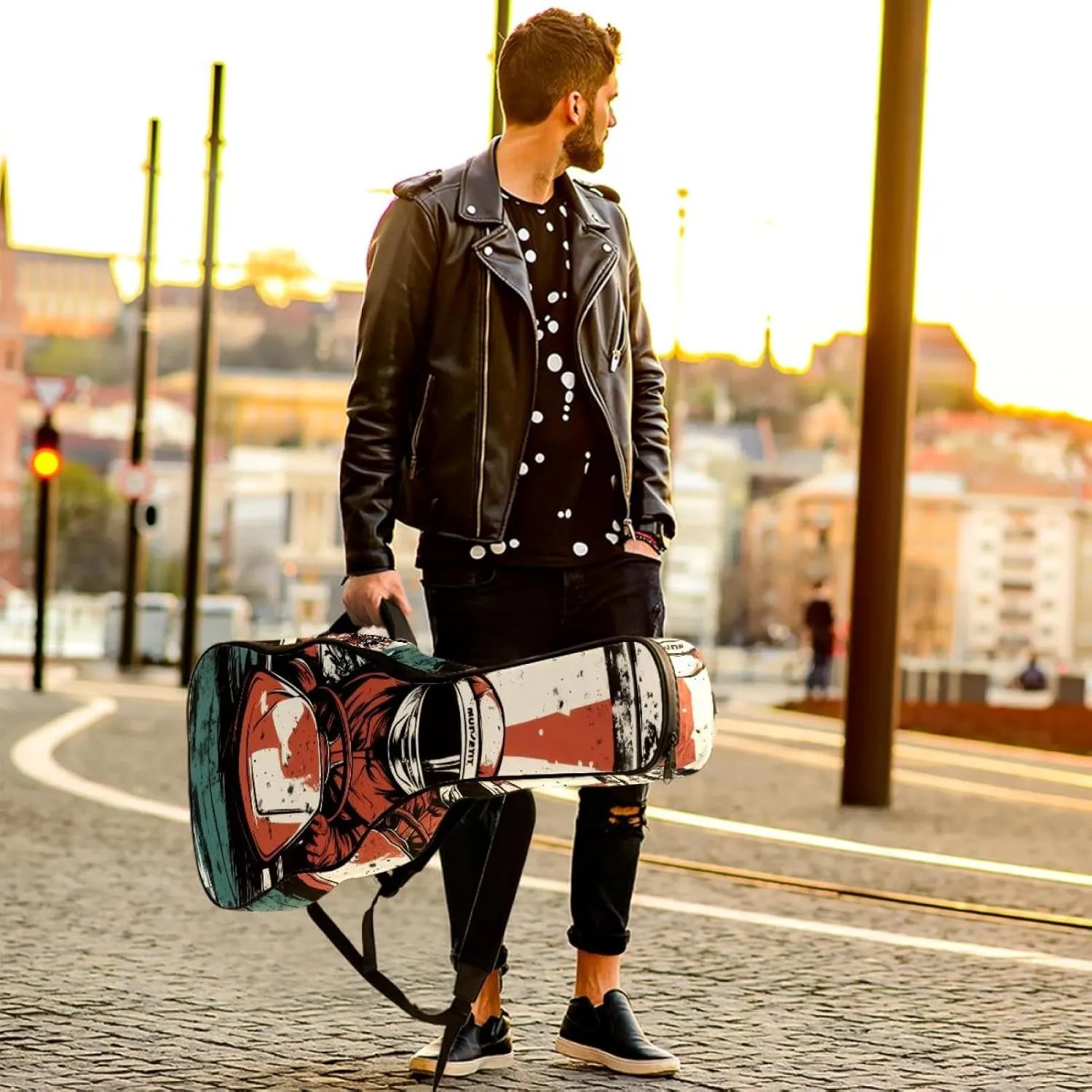 Acoustic Guitar Bag 1 cm Thick Padding, Waterproof Oxford Cloth Guitar Bag Backpack for 40-42 Inch Electric Bass Classical Guitars, Racer in a Victory Pose with Checkered Flag