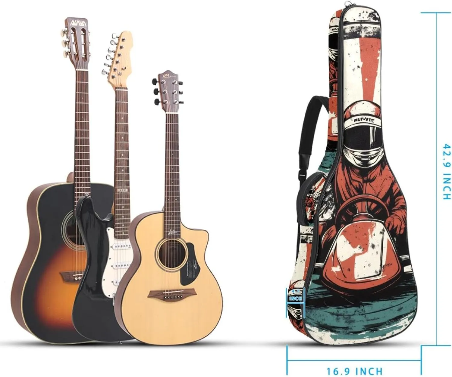 Acoustic Guitar Bag 1 cm Thick Padding, Waterproof Oxford Cloth Guitar Bag Backpack for 40-42 Inch Electric Bass Classical Guitars, Racer in a Victory Pose with Checkered Flag