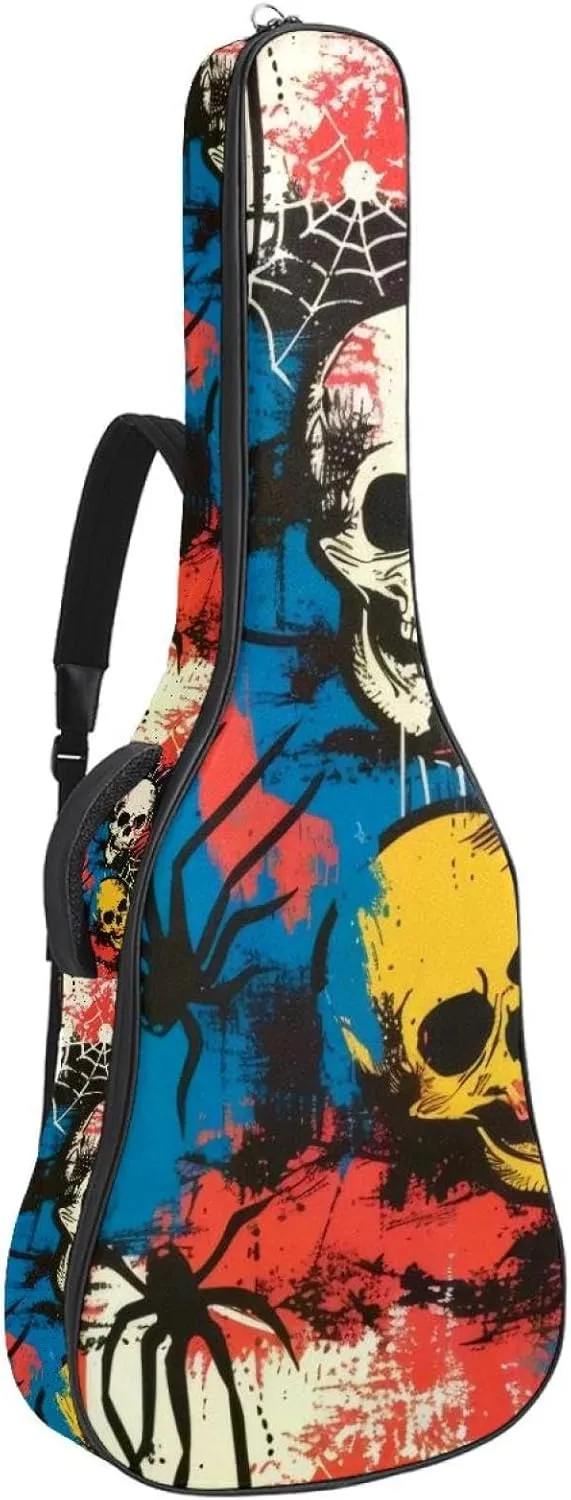 Acoustic Guitar Bag 1 cm Thick Padding, Waterproof Oxford Cloth Guitar Bag Backpack for 40-42 Inch Electric Bass Classical Guitars, Skulls Spiders Spiderweb