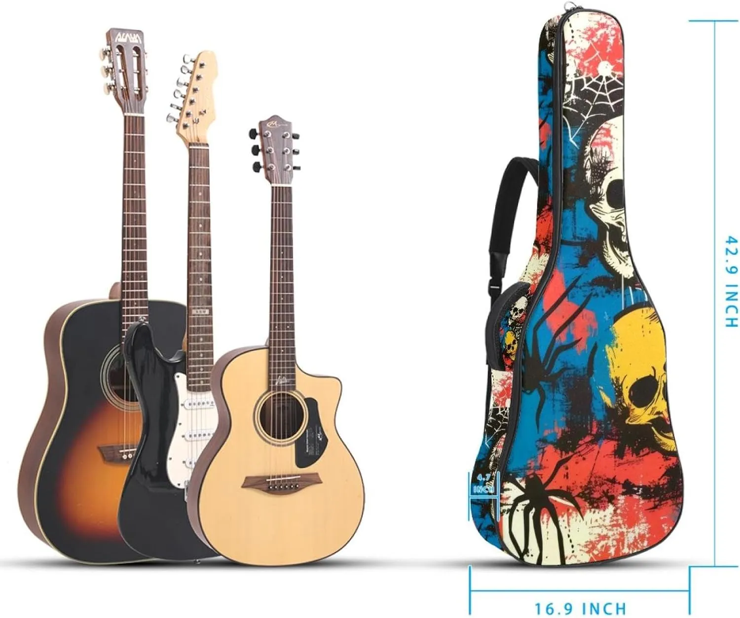 Acoustic Guitar Bag 1 cm Thick Padding, Waterproof Oxford Cloth Guitar Bag Backpack for 40-42 Inch Electric Bass Classical Guitars, Skulls Spiders Spiderweb