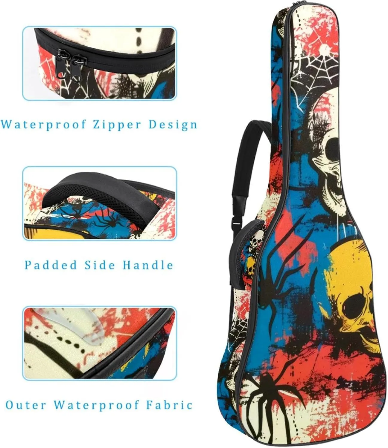 Acoustic Guitar Bag 1 cm Thick Padding, Waterproof Oxford Cloth Guitar Bag Backpack for 40-42 Inch Electric Bass Classical Guitars, Skulls Spiders Spiderweb