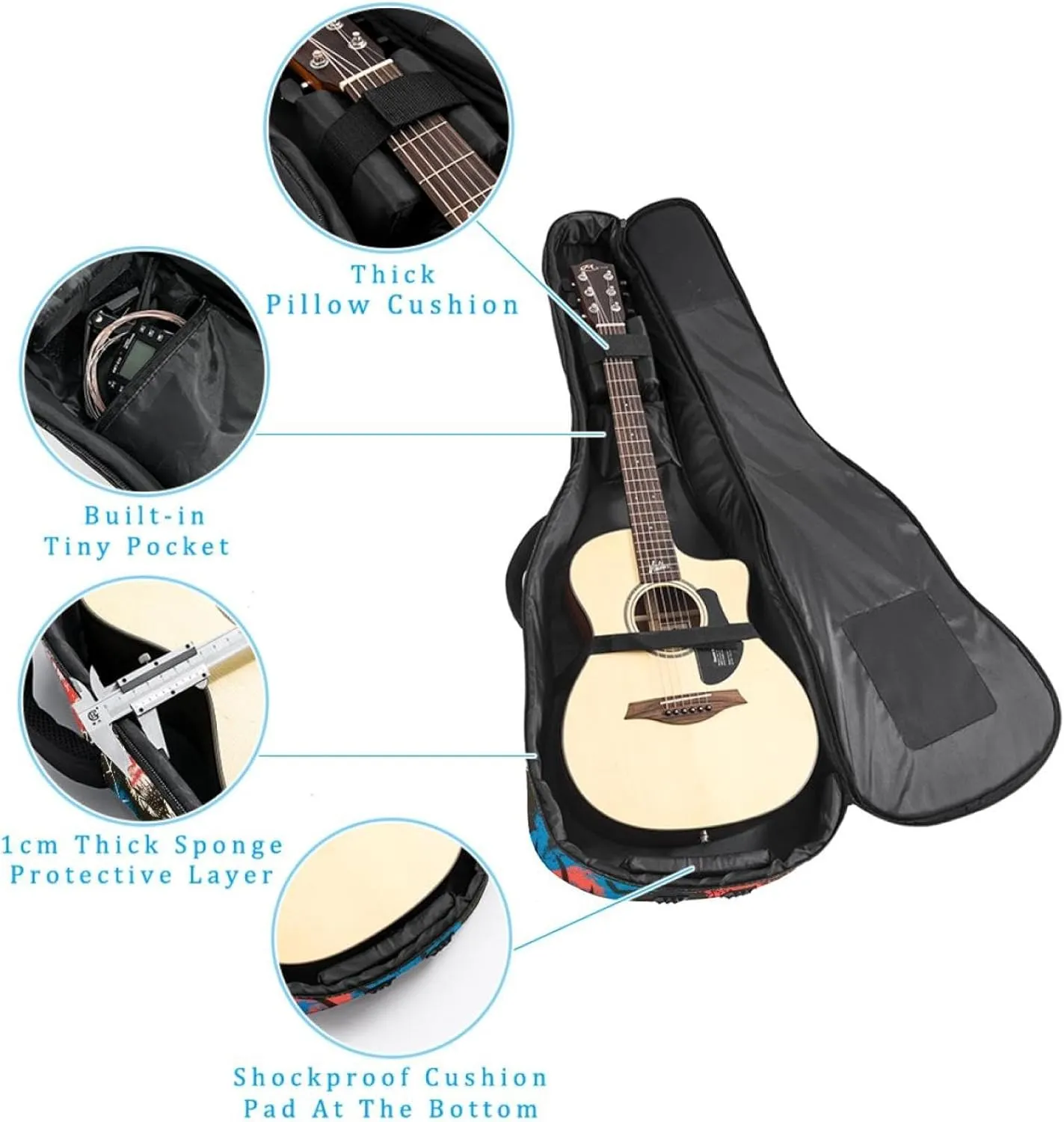Acoustic Guitar Bag 1 cm Thick Padding, Waterproof Oxford Cloth Guitar Bag Backpack for 40-42 Inch Electric Bass Classical Guitars, Skulls Spiders Spiderweb