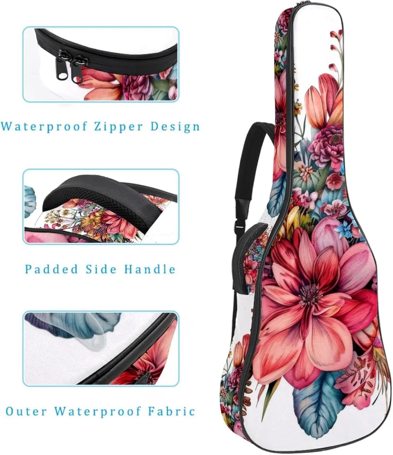 Acoustic Guitar Bag 1 cm Thick Padding, Waterproof Oxford Cloth Guitar Bag Backpack for 40-42 Inch Electric Bass Classical Guitars, Watercolor Colorful Flowers Bouquet