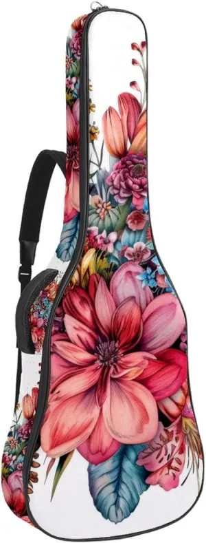 Acoustic Guitar Bag 1 cm Thick Padding, Waterproof Oxford Cloth Guitar Bag Backpack for 40-42 Inch Electric Bass Classical Guitars, Watercolor Colorful Flowers Bouquet