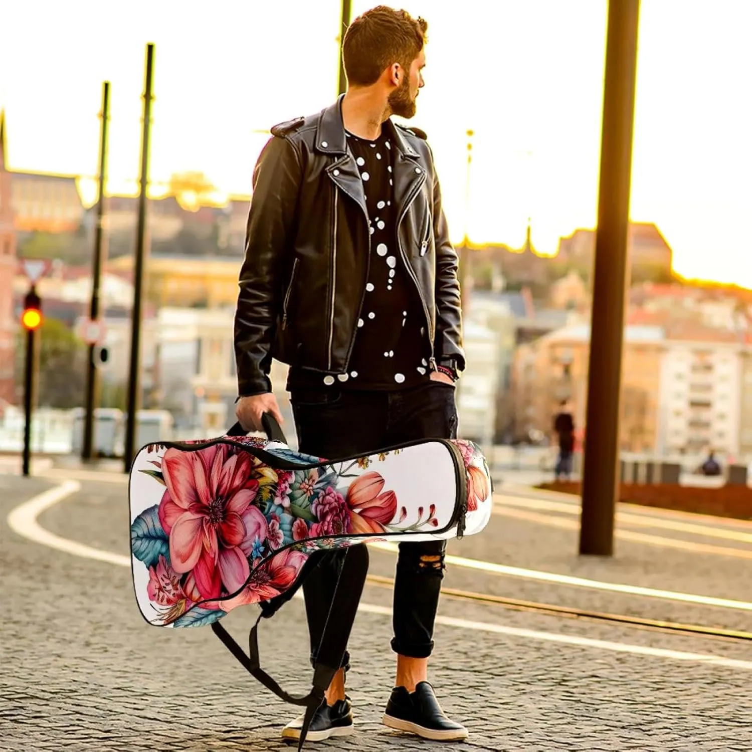 Acoustic Guitar Bag 1 cm Thick Padding, Waterproof Oxford Cloth Guitar Bag Backpack for 40-42 Inch Electric Bass Classical Guitars, Watercolor Colorful Flowers Bouquet