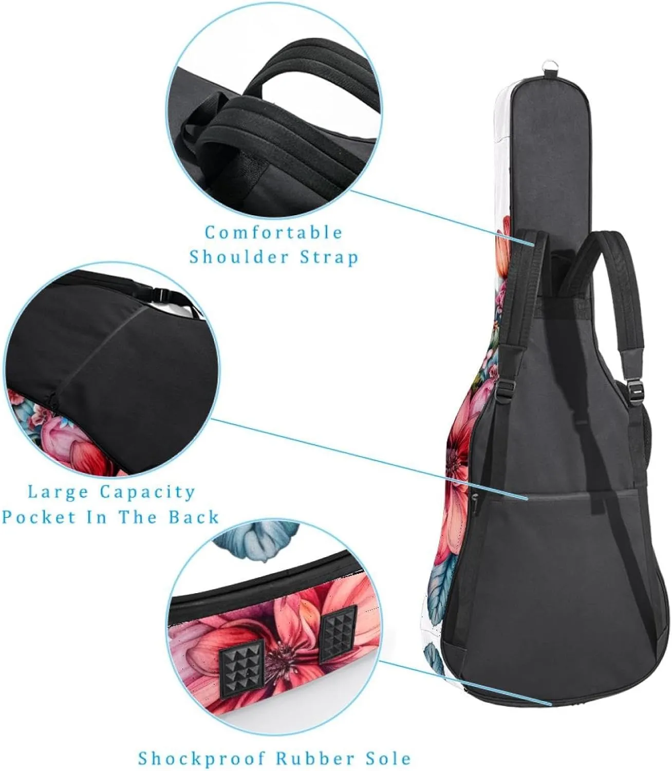Acoustic Guitar Bag 1 cm Thick Padding, Waterproof Oxford Cloth Guitar Bag Backpack for 40-42 Inch Electric Bass Classical Guitars, Watercolor Colorful Flowers Bouquet
