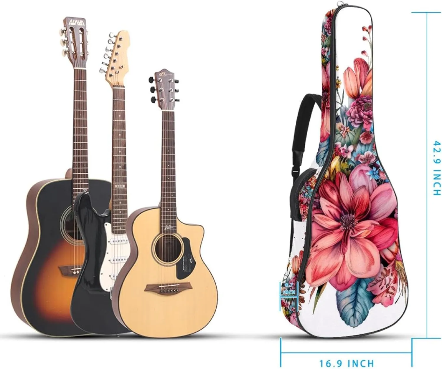 Acoustic Guitar Bag 1 cm Thick Padding, Waterproof Oxford Cloth Guitar Bag Backpack for 40-42 Inch Electric Bass Classical Guitars, Watercolor Colorful Flowers Bouquet