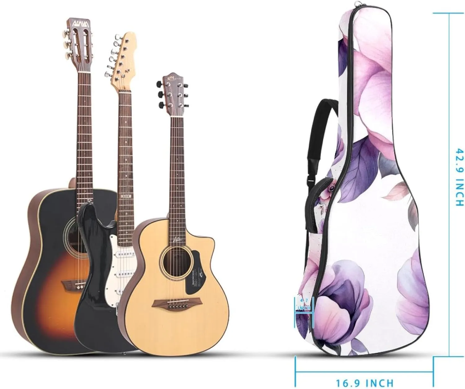 Acoustic Guitar Bag, Soft Guitar Case with 2 Pockets and Back Hanger Loop for 40 41 42 Inch Electric Bass Classical Guitars, Pink and Violet Flowers and Leaves