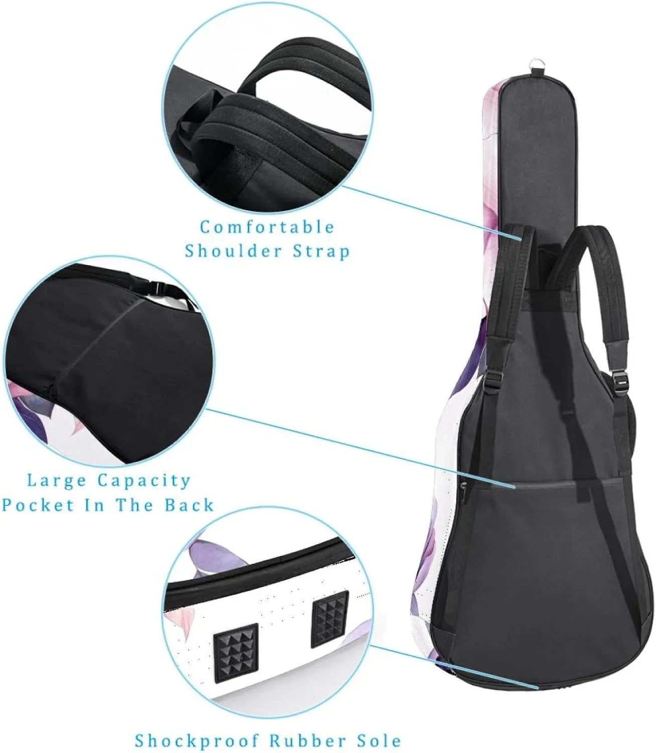 Acoustic Guitar Bag, Soft Guitar Case with 2 Pockets and Back Hanger Loop for 40 41 42 Inch Electric Bass Classical Guitars, Pink and Violet Flowers and Leaves