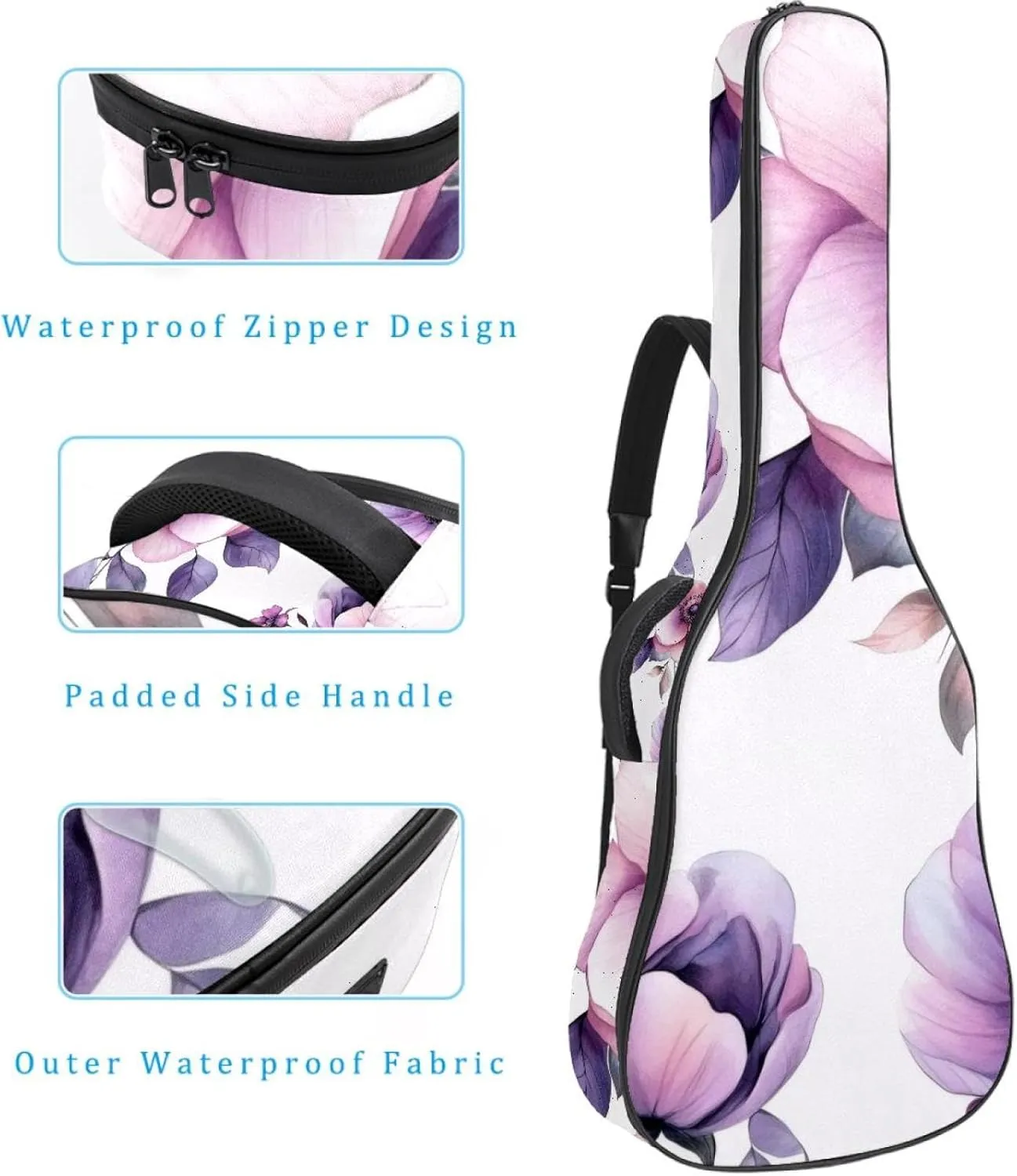 Acoustic Guitar Bag, Soft Guitar Case with 2 Pockets and Back Hanger Loop for 40 41 42 Inch Electric Bass Classical Guitars, Pink and Violet Flowers and Leaves