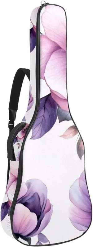 Acoustic Guitar Bag, Soft Guitar Case with 2 Pockets and Back Hanger Loop for 40 41 42 Inch Electric Bass Classical Guitars, Pink and Violet Flowers and Leaves