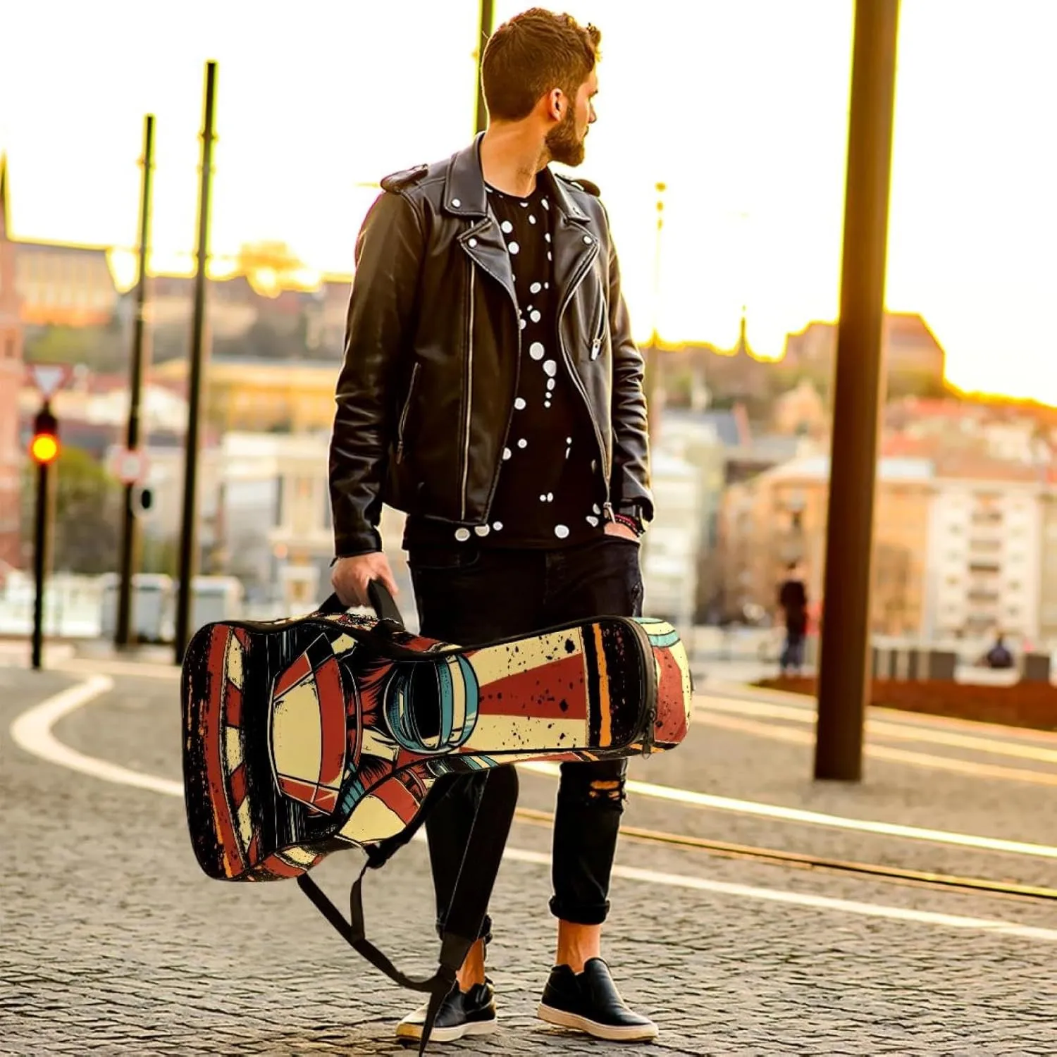 Acoustic Guitar Bag, Soft Guitar Case with 2 Pockets and Back Hanger Loop for 40 41 42 Inch Electric Bass Classical Guitars, Racer in a Victory Pose with Checkered Flags