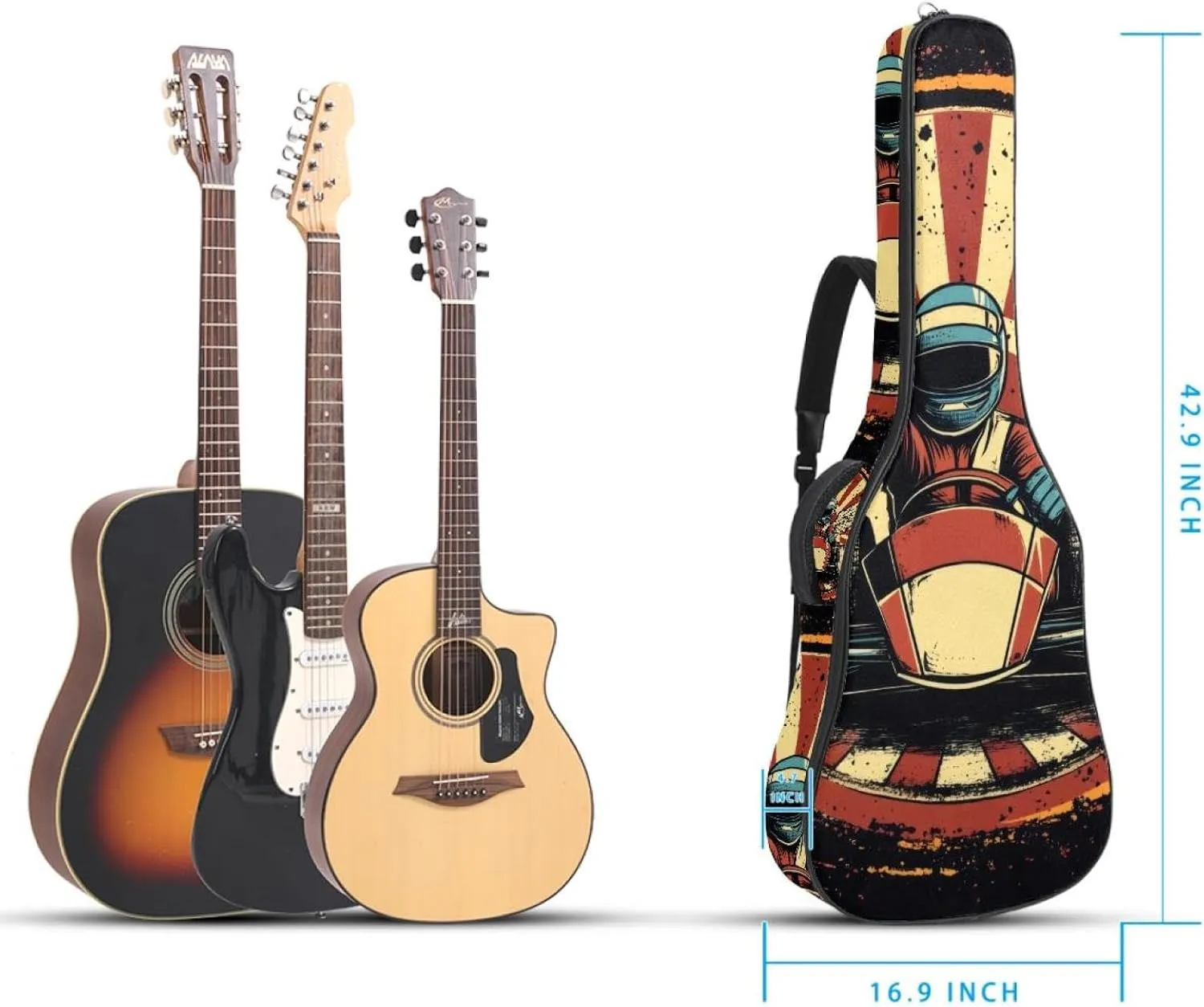 Acoustic Guitar Bag, Soft Guitar Case with 2 Pockets and Back Hanger Loop for 40 41 42 Inch Electric Bass Classical Guitars, Racer in a Victory Pose with Checkered Flags