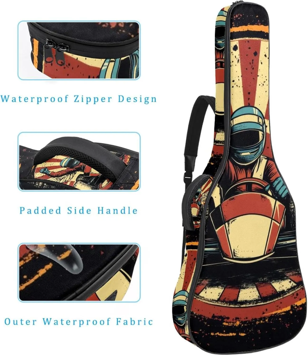 Acoustic Guitar Bag, Soft Guitar Case with 2 Pockets and Back Hanger Loop for 40 41 42 Inch Electric Bass Classical Guitars, Racer in a Victory Pose with Checkered Flags