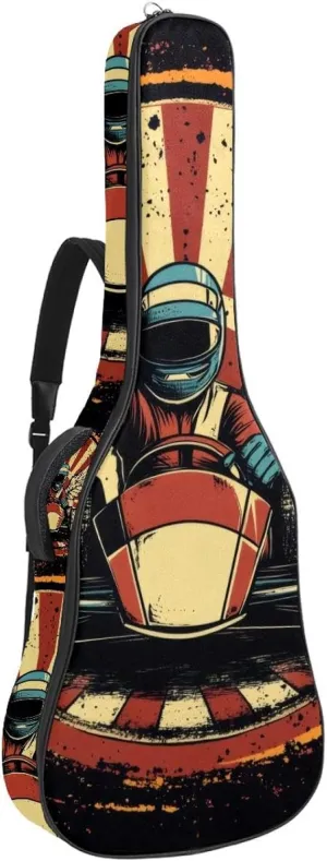 Acoustic Guitar Bag, Soft Guitar Case with 2 Pockets and Back Hanger Loop for 40 41 42 Inch Electric Bass Classical Guitars, Racer in a Victory Pose with Checkered Flags