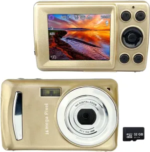 Acuvar 16MP Megapixel Compact Digital Photo and Video Camera with 2.4" LCD Screen, 32GB SD Card, Mic Input and USB Media Transfer (Gold)