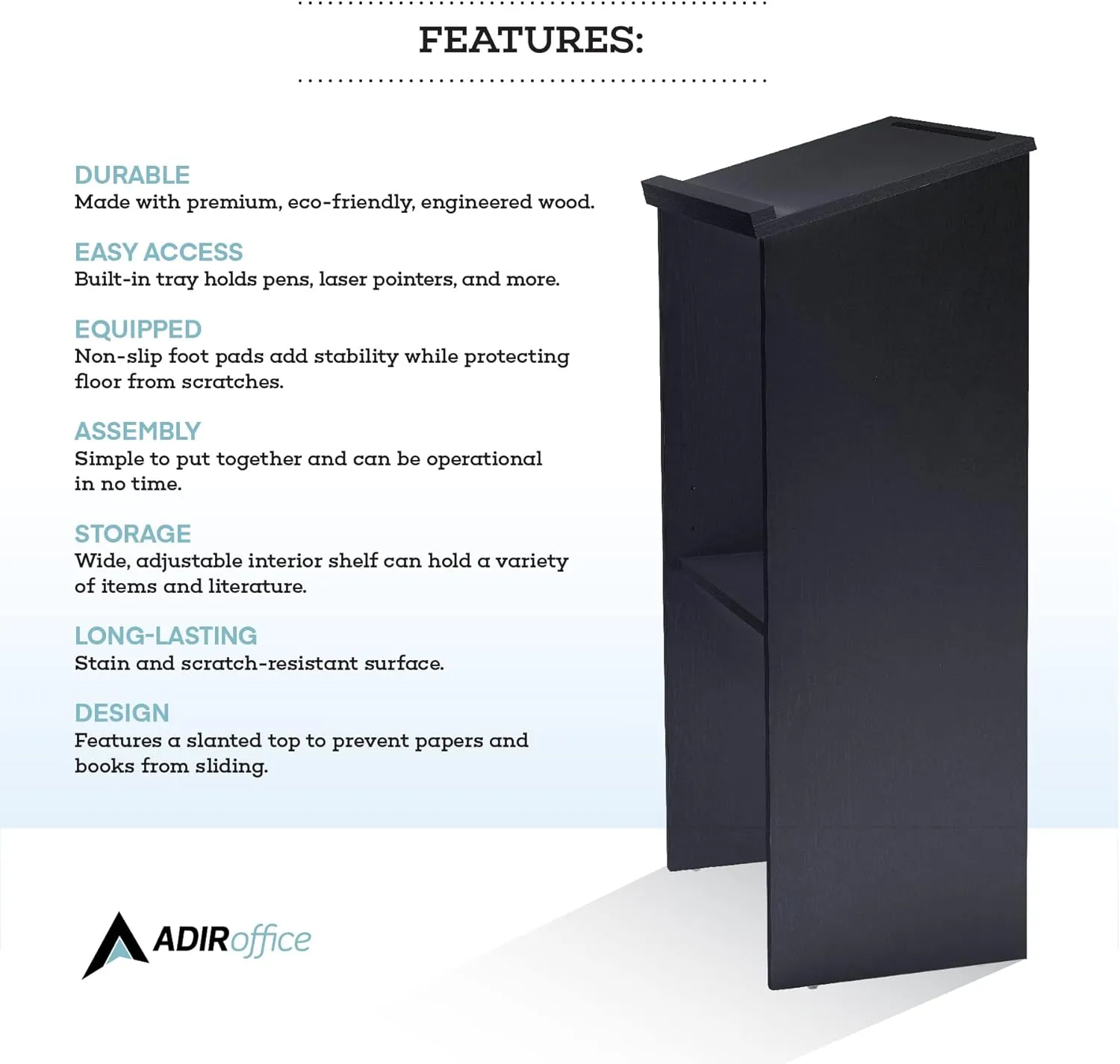 Adir Wooden Podium Stand - Speaking Podium with Storage Shelf, Hostess Stand for Restaurant, Lecture Podium, (46.25 Inches, Black)