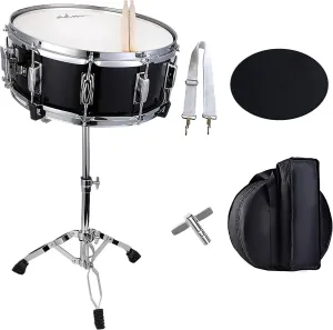 ADM 14"X 5.5" Snare Drum Set, Kids Student Snare Drum Beginner Kit with Stand, Drum Mute Pad, Strap, Drum Sticks, Drum Keys, Black