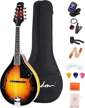 ADM Acoustic Mandolin Instrument Kit Music A Style for Kids Students Adults Wood Mandolins Beginner Set With Bag, Tuner, EQ, Strap, Strings, Picks and Hanger, Sunbrust