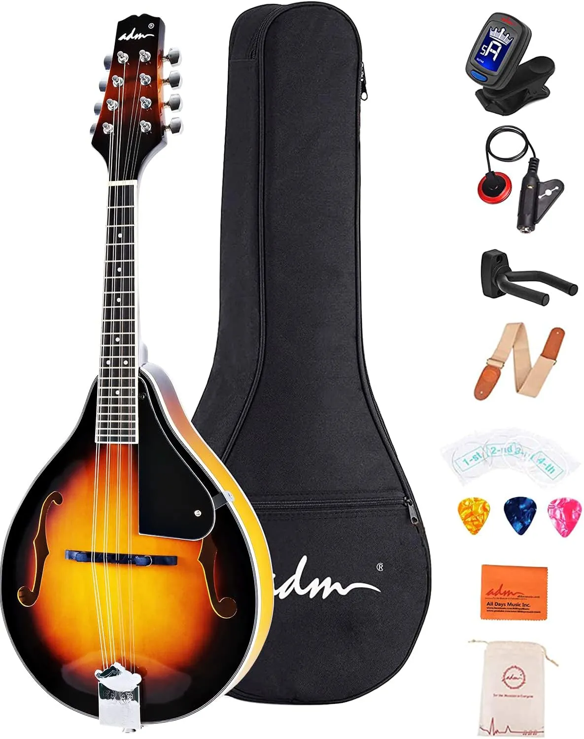 ADM Acoustic Mandolin Instrument Kit Music A Style for Kids Students Adults Wood Mandolins Beginner Set With Bag, Tuner, EQ, Strap, Strings, Picks and Hanger, Sunbrust