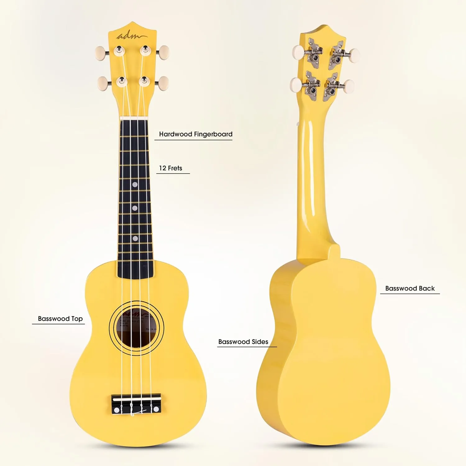 ADM Ukulele for Beginners Hawaiian Wood Ukelele Kit for Kids Adult Student Starter Professional Ukalelee Pack Bundle with Free Lessons Gig Bag Strap Nylon String Tuner (Baby Yellow, 21 Inch)