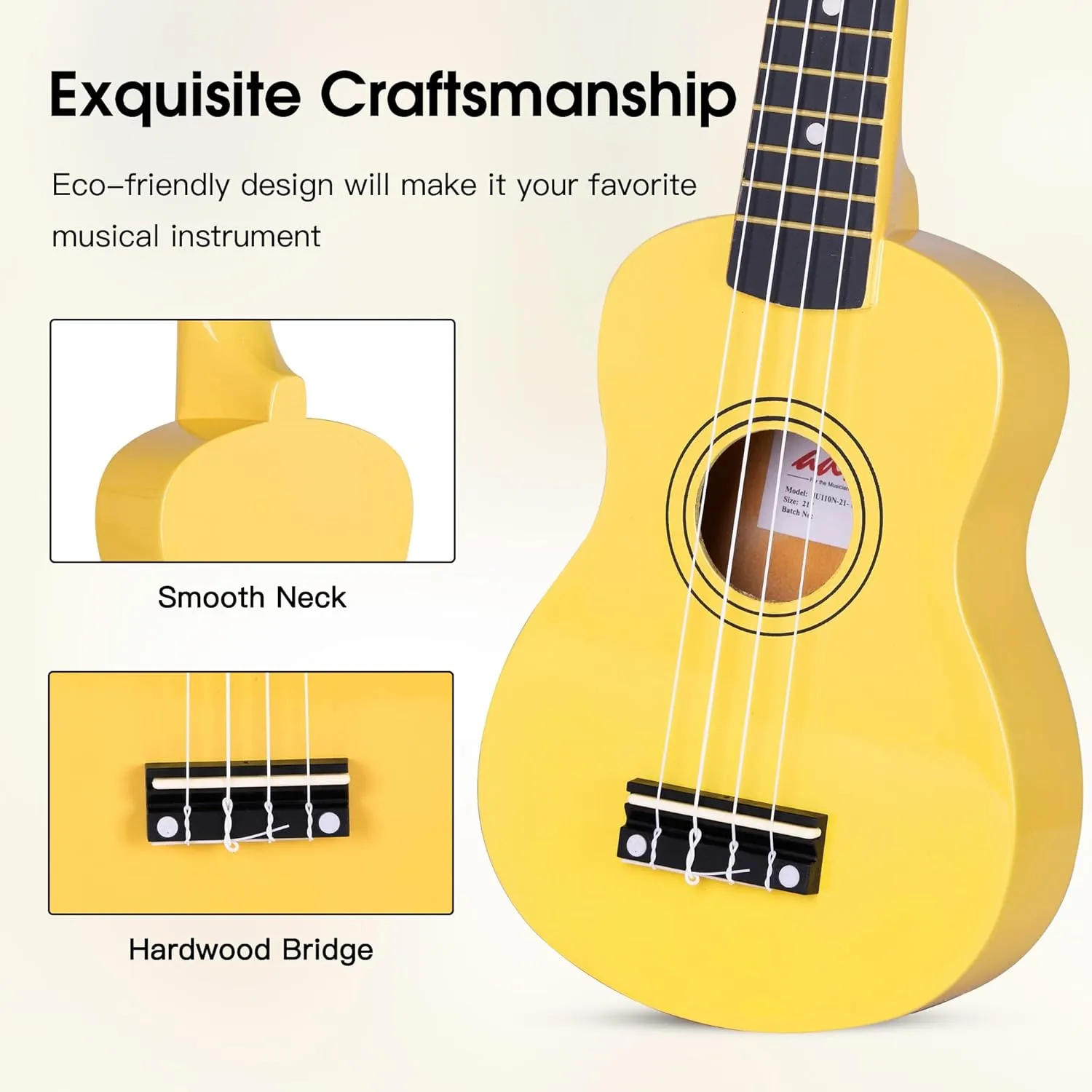ADM Ukulele for Beginners Hawaiian Wood Ukelele Kit for Kids Adult Student Starter Professional Ukalelee Pack Bundle with Free Lessons Gig Bag Strap Nylon String Tuner (Baby Yellow, 21 Inch)