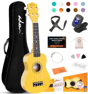 ADM Ukulele for Beginners Hawaiian Wood Ukelele Kit for Kids Adult Student Starter Professional Ukalelee Pack Bundle with Free Lessons Gig Bag Strap Nylon String Tuner (Baby Yellow, 21 Inch)