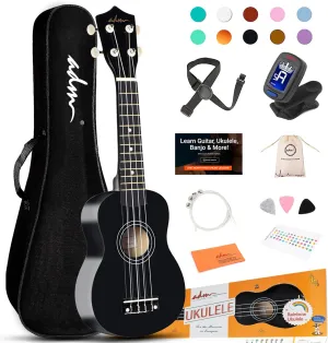 ADM Ukulele for Beginners Hawaiian Wood Ukelele Kit for Kids Adult Student Starter Professional Ukalelee Pack Bundle with Free Lessons Gig Bag Strap Nylon String Tuner (Black, 21 Inch)