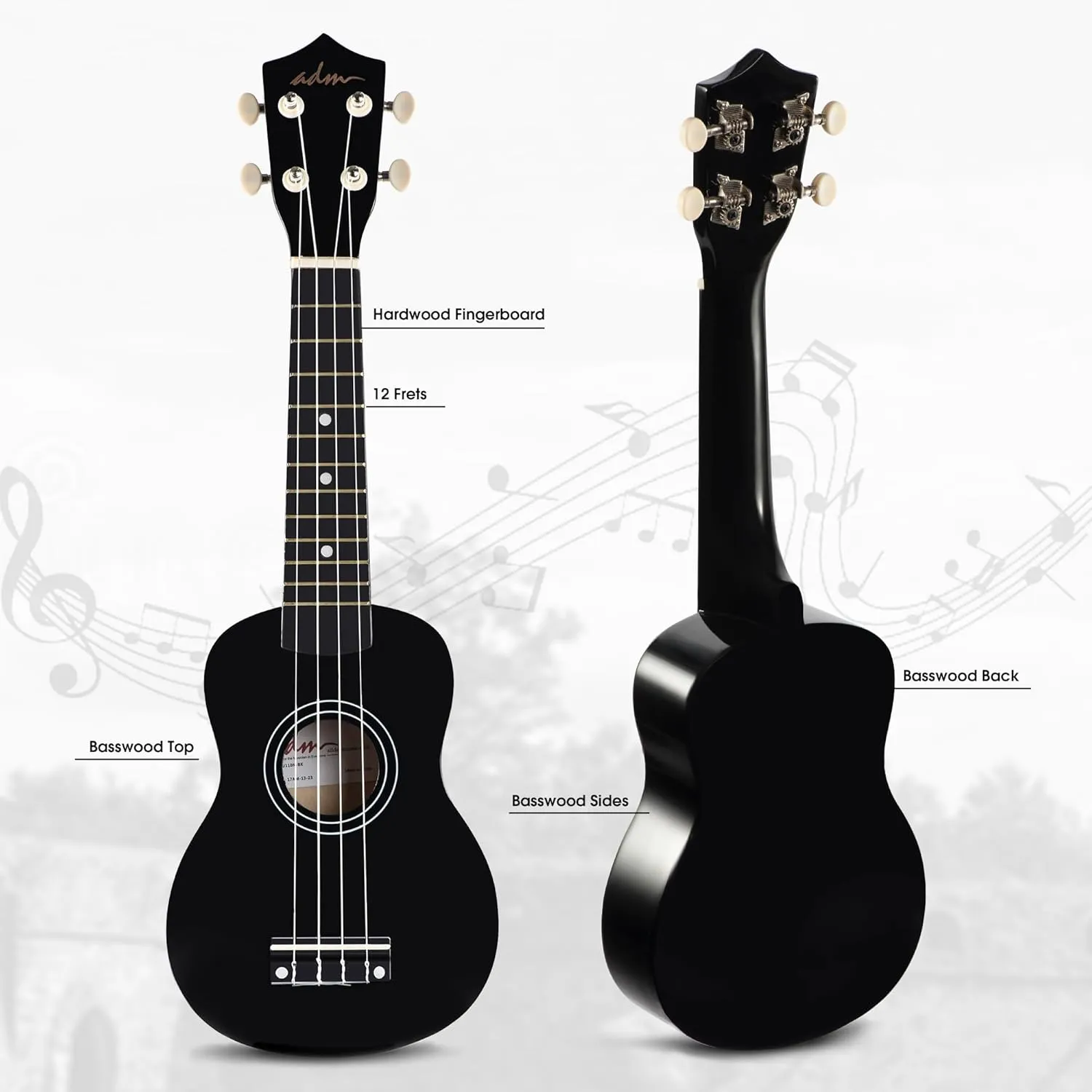 ADM Ukulele for Beginners Hawaiian Wood Ukelele Kit for Kids Adult Student Starter Professional Ukalelee Pack Bundle with Free Lessons Gig Bag Strap Nylon String Tuner (Black, 21 Inch)
