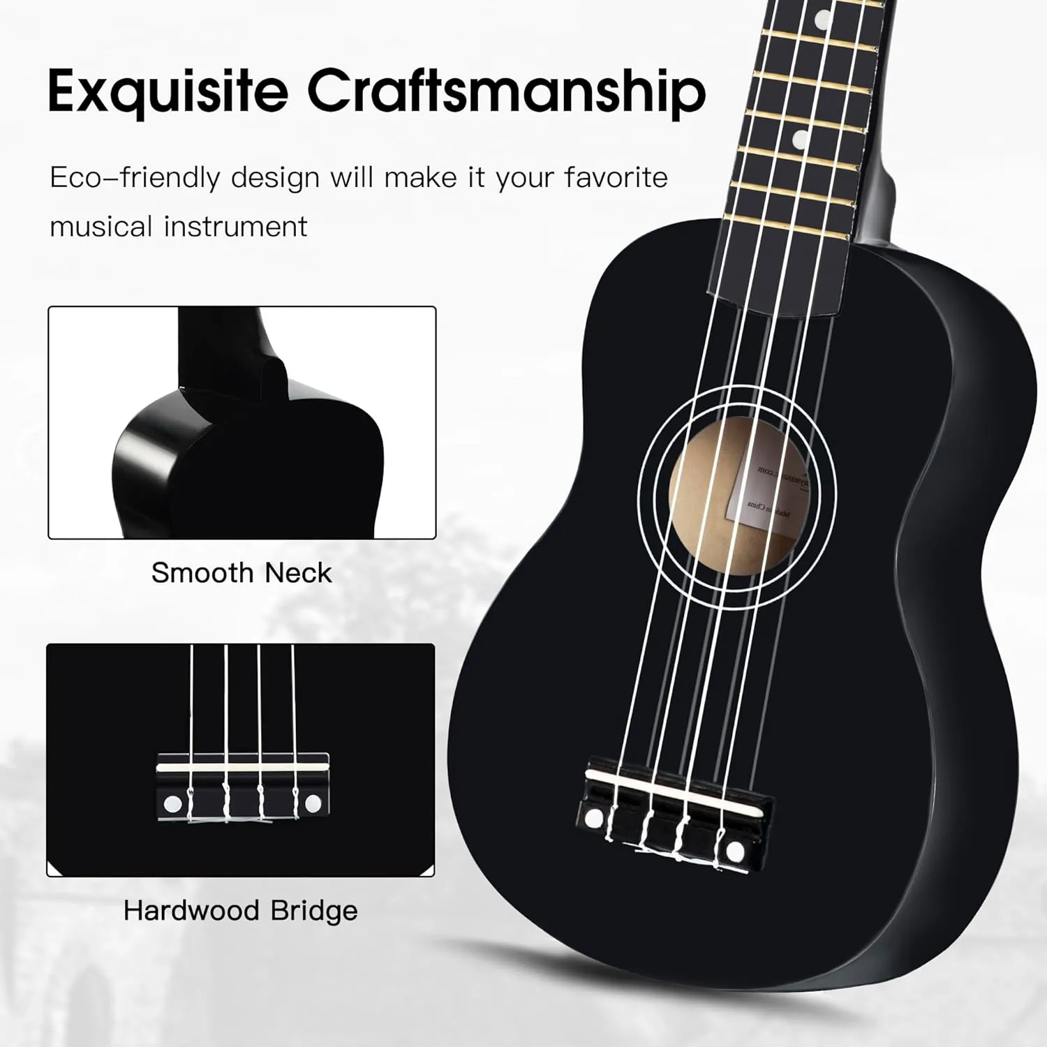 ADM Ukulele for Beginners Hawaiian Wood Ukelele Kit for Kids Adult Student Starter Professional Ukalelee Pack Bundle with Free Lessons Gig Bag Strap Nylon String Tuner (Black, 21 Inch)