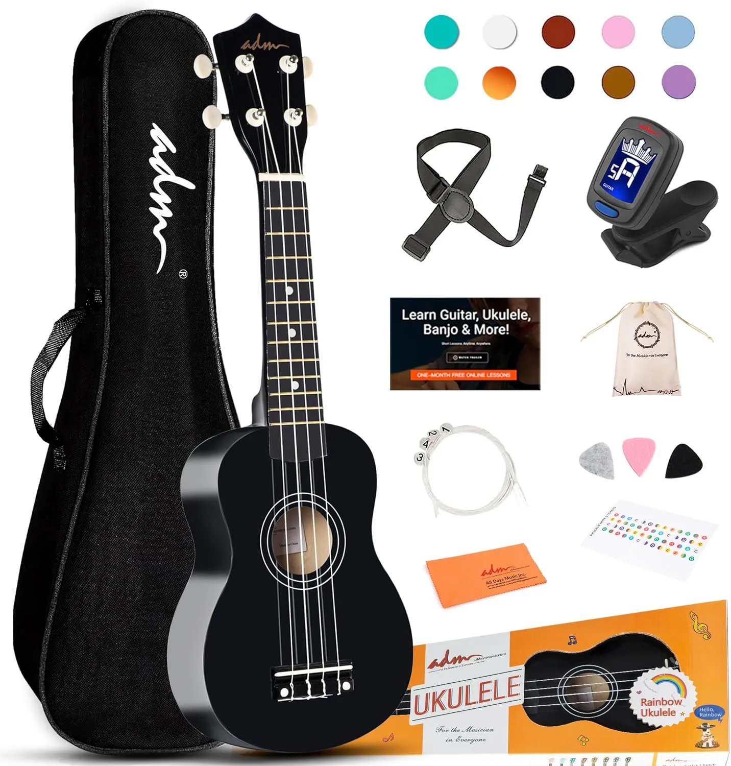 ADM Ukulele for Beginners Hawaiian Wood Ukelele Kit for Kids Adult Student Starter Professional Ukalelee Pack Bundle with Free Lessons Gig Bag Strap Nylon String Tuner (Black, 21 Inch)