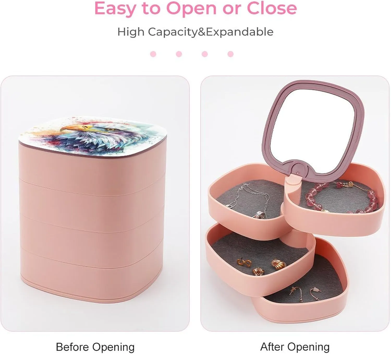 Adorable Hand-drawn Illustration of Eagle Jewelry Boxes for Women,full of Cute Details Earring Holder Organizer Rotating Jewelry Organizer for Necklaces Bracelets Ring