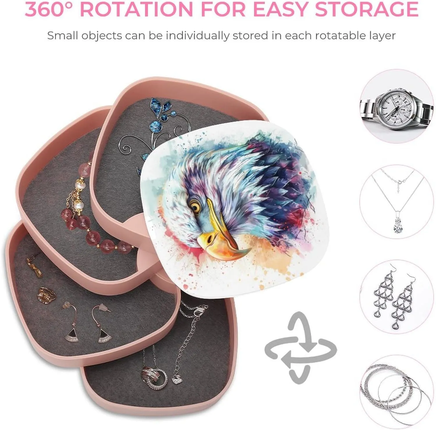 Adorable Hand-drawn Illustration of Eagle Jewelry Boxes for Women,full of Cute Details Earring Holder Organizer Rotating Jewelry Organizer for Necklaces Bracelets Ring